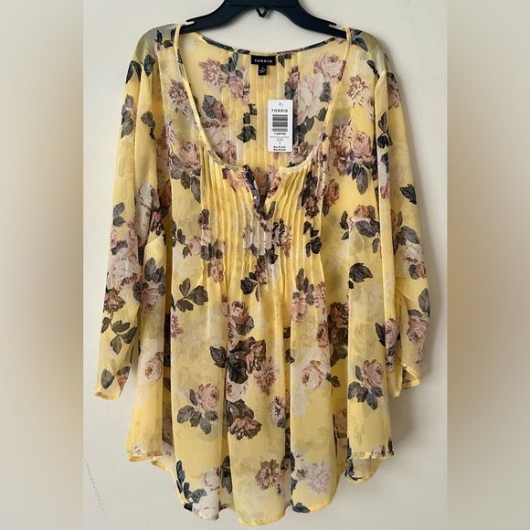 TORRID Yellow Floral V-Neck Boho Tunic Style Blouse- Women’s Size 1x NEW w Tags - Picture 5 of 6
